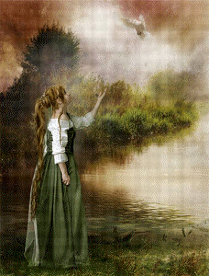 картины Синди Грундстен - девушка, птица, озеро - предпросмотр