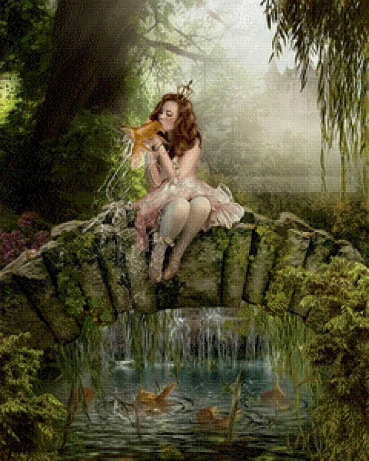 картины Синди Грундстен - река, девушка, рыба, мост - предпросмотр