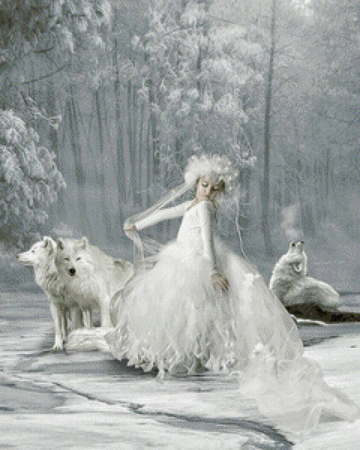 картины Синди Грундстен - зима, волки, девочка, лес - предпросмотр