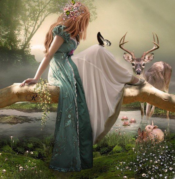 картины Синди Грундстен - лес, олень, ручей, зайцы, девушка - оригинал