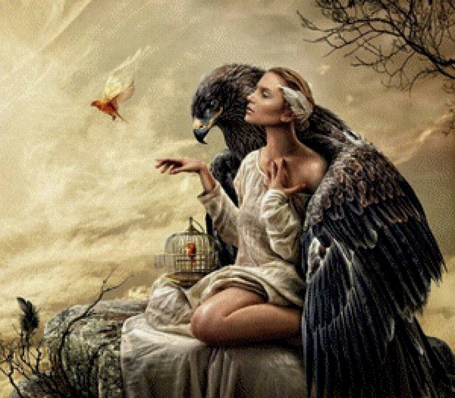 картины Синди Грундстен - девушка, небо, птицы - предпросмотр