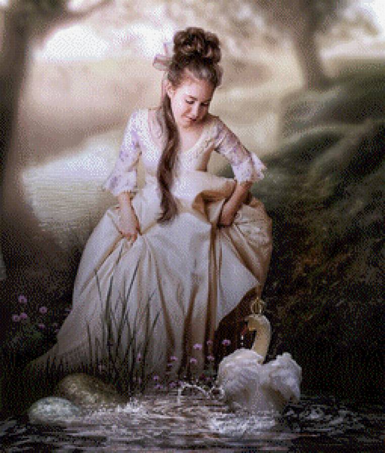 картины Синди Грундстен - девушка, цветы, лебедь, пруд - предпросмотр