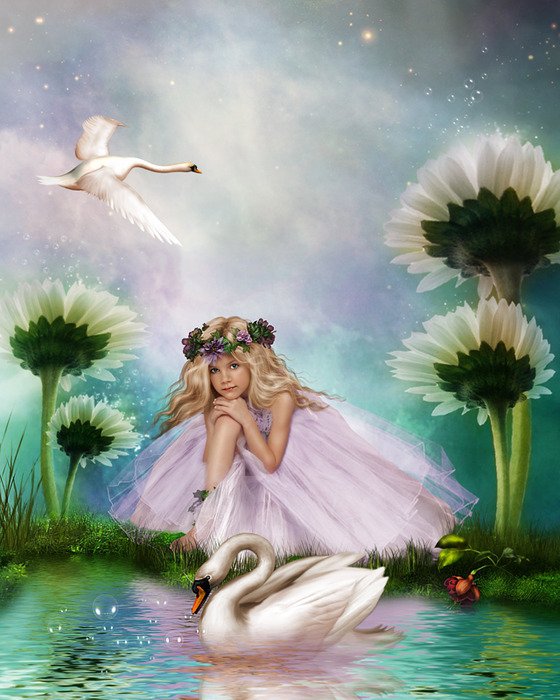 картины Синди Грундстен - пруд, девочка, цветы, лебеди - оригинал