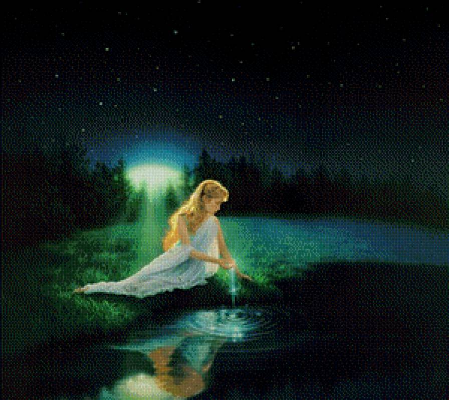 картины Kirk Reinert - лес, девушка, ночь, озеро - предпросмотр