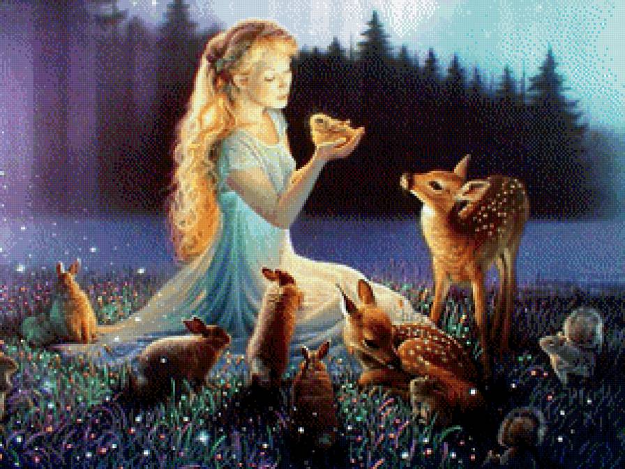 картины Kirk Reinert - лес, ночь, девушка, животные - предпросмотр