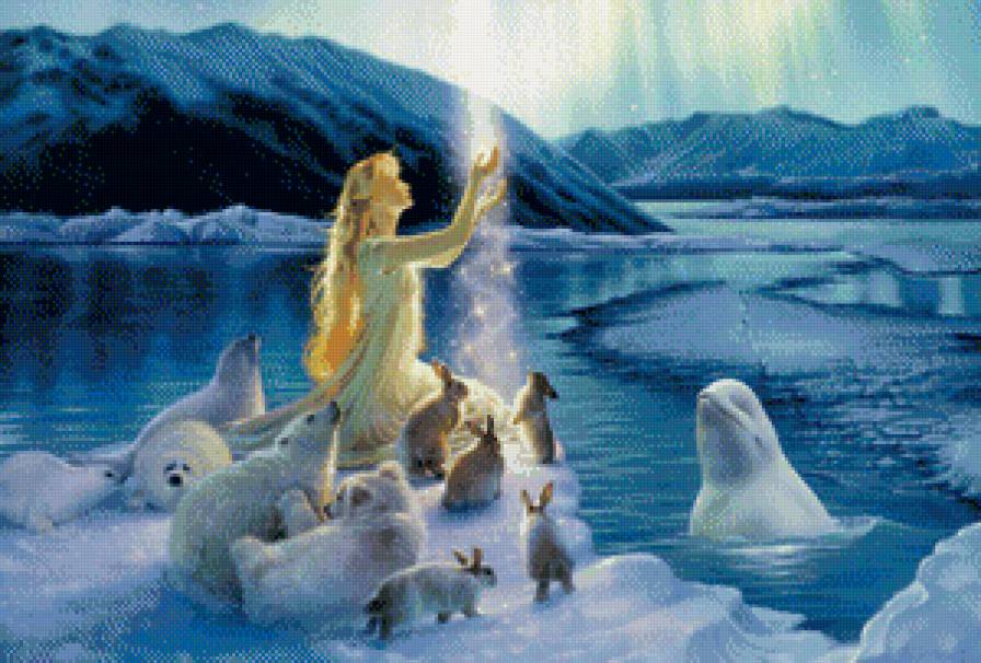 картины Kirk Reinert - ночь, девушка, зима, горы, животные - предпросмотр