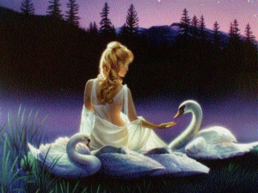 картины Kirk Reinert - девушка, лебеди, лес, горы, ночь - предпросмотр