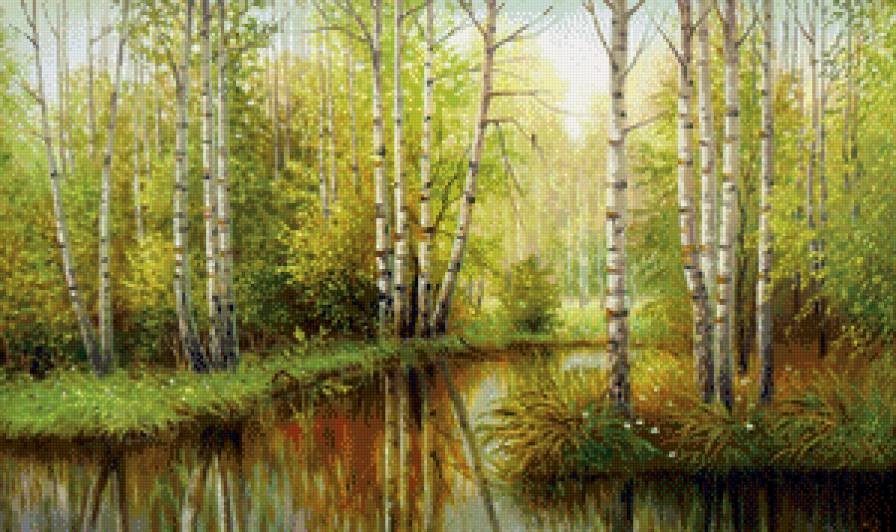 картина - речка, пейзаж, природа, березы, лес - предпросмотр