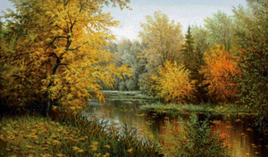 картина - речка, лес, пейзаж, березы, природа, осень - предпросмотр