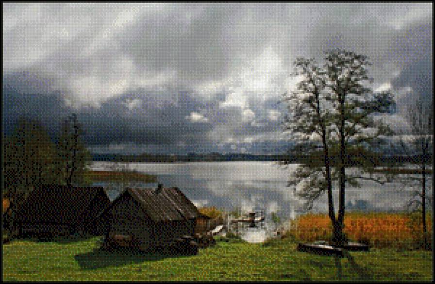 У пруда - вода, дом, пейзаж - предпросмотр