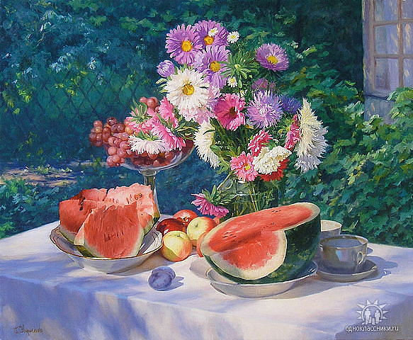 Августовский натюморт - лето.осень.арбуз, цветы.букет, натюрморт, фрукты - оригинал