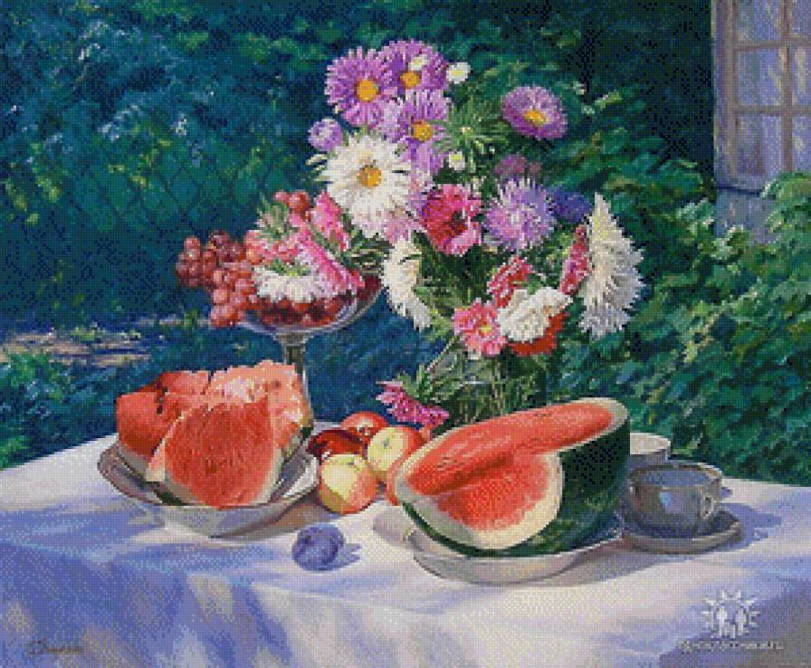 Августовский натюморт - лето.осень.арбуз, фрукты, натюрморт, цветы.букет - предпросмотр