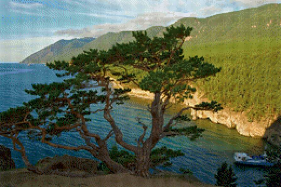 природа - катер, дерево, море - предпросмотр