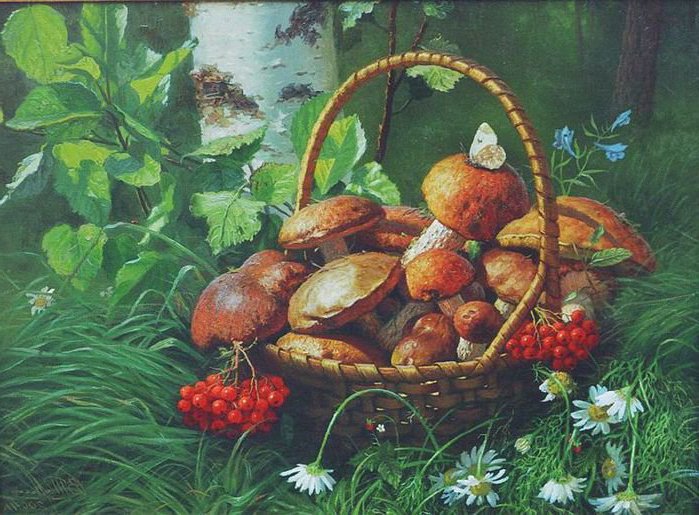 лукошко с грибами - корзина, уют, грибы, осень, рябина - оригинал
