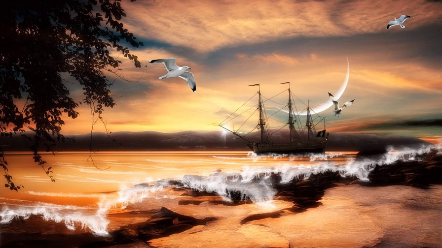 Морское приключение - парусник, ветер, чайки, волна, небо, море - оригинал