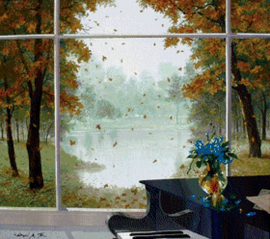 Вид из окна - окно, осень, рояль - предпросмотр