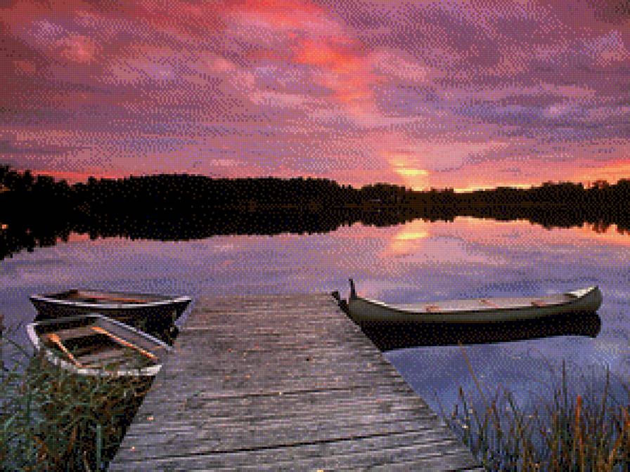 На закате - лодка, пруд - предпросмотр
