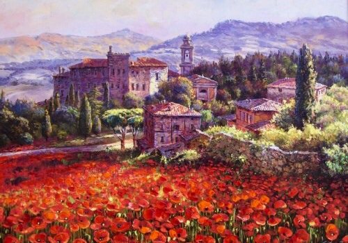 Маковый пейзаж - город, маки, маковое поле, пейзаж - оригинал