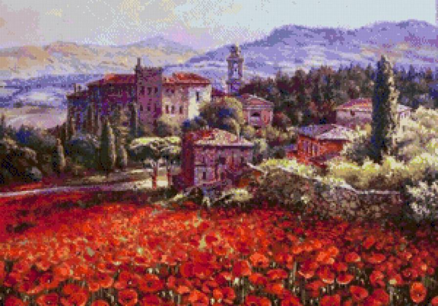 Маковый пейзаж - город, пейзаж, маковое поле, маки - предпросмотр