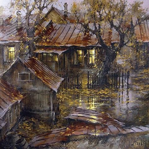 Дождливый вечер в деревне - дома, дождь - оригинал