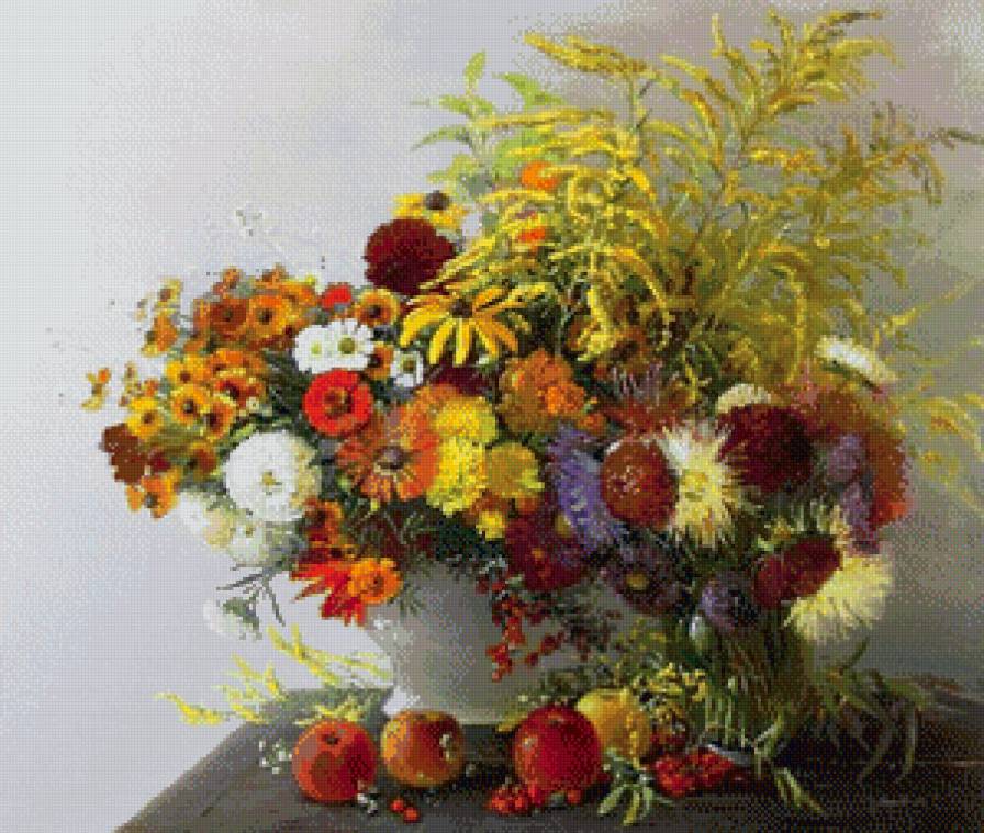 Осенний натюрморт - осень, цветы, букет, астры, яблоки, натюрморт - предпросмотр
