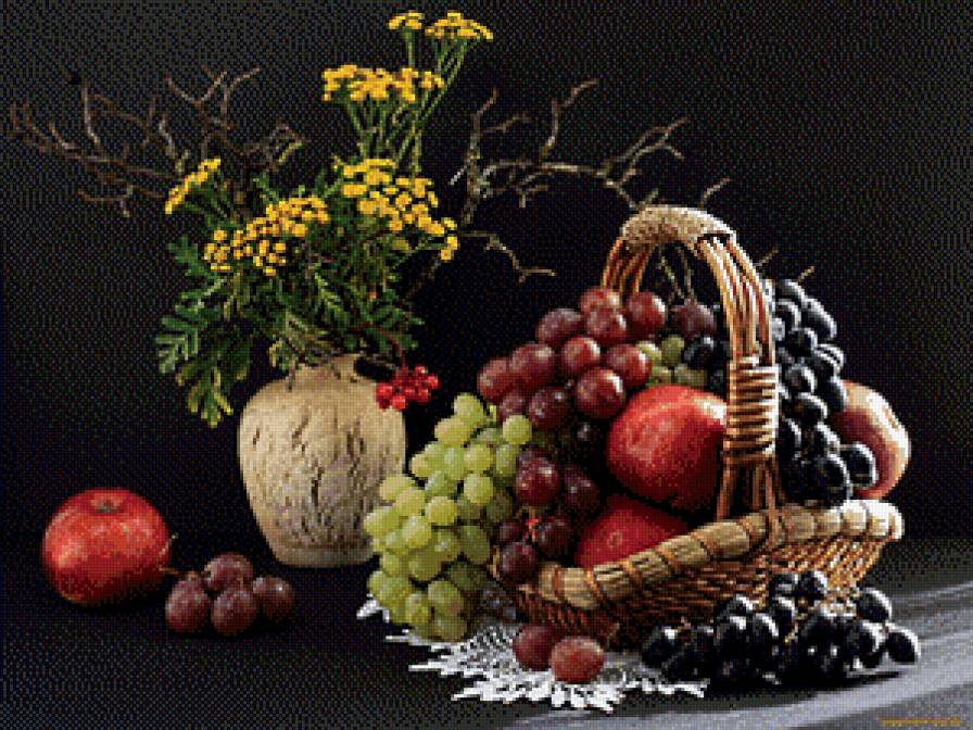 Осенний натюрморт - яблоки, виноград, натюрморт, осень - предпросмотр
