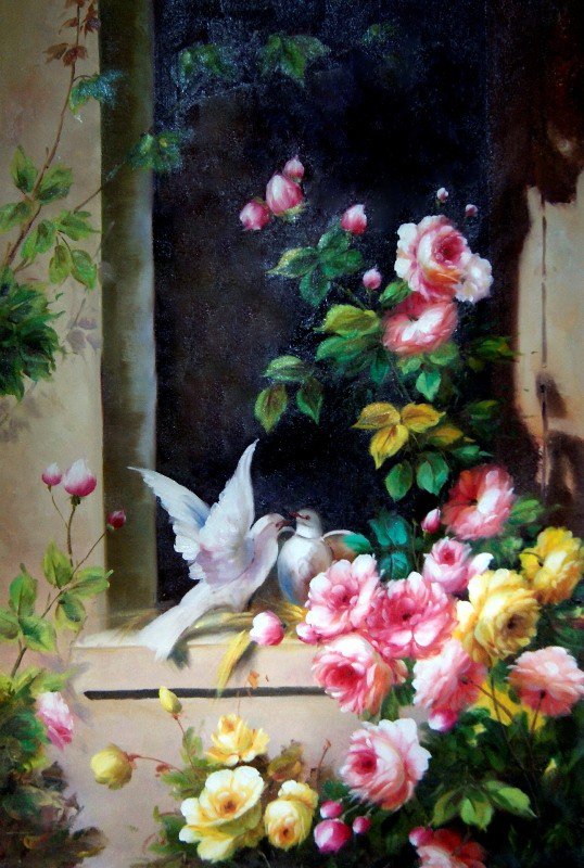 голуби - живопись, цветы, окно, голуби - оригинал