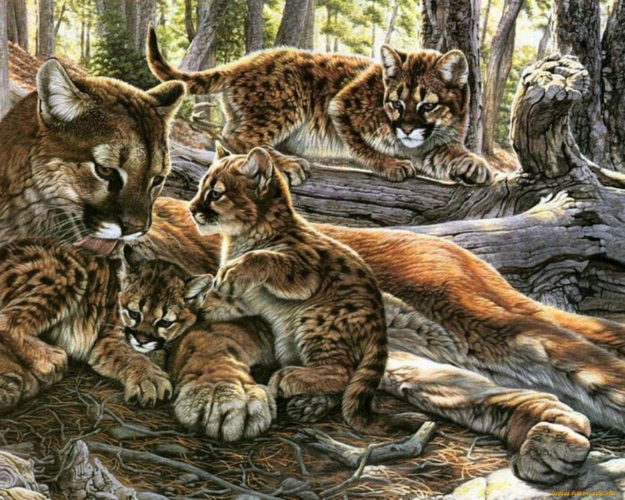 Мама с детками - кошки, животные - оригинал