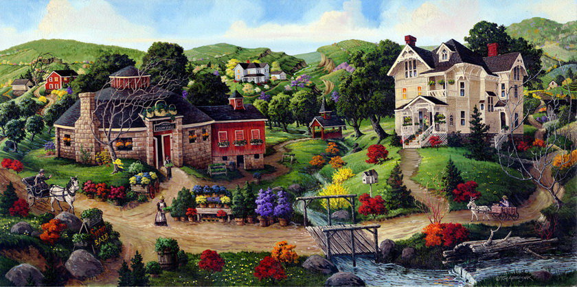 Маленький городок - люди, дом, пейзаж - оригинал