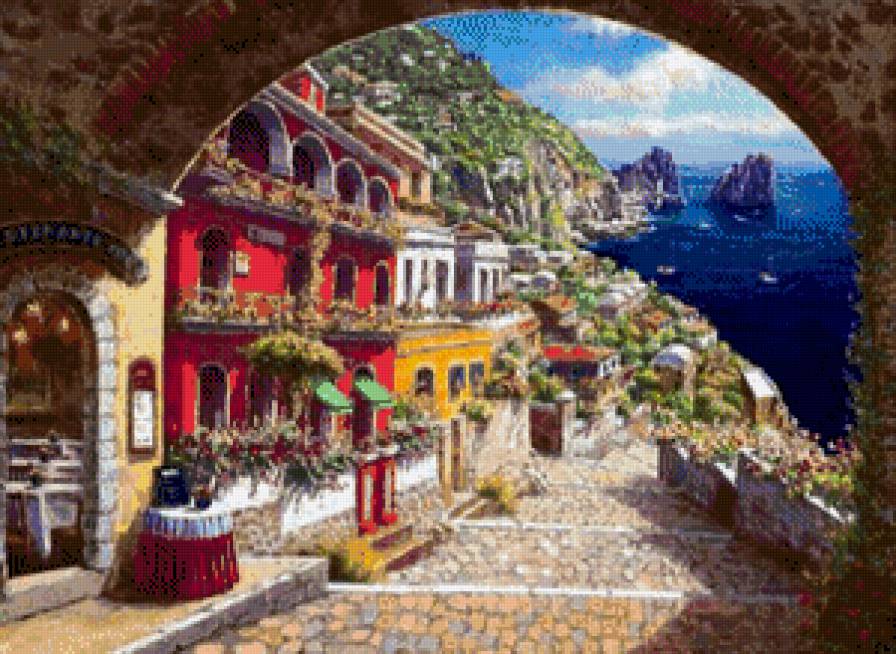 Городской пейзаж - бухта, море, арка, дома, улица - предпросмотр