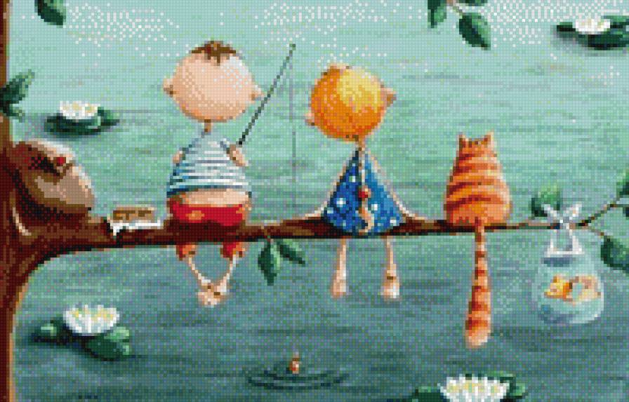 рыбалка - люди, девочка и мальчик, вода, кот, удочка, рыбалка - предпросмотр