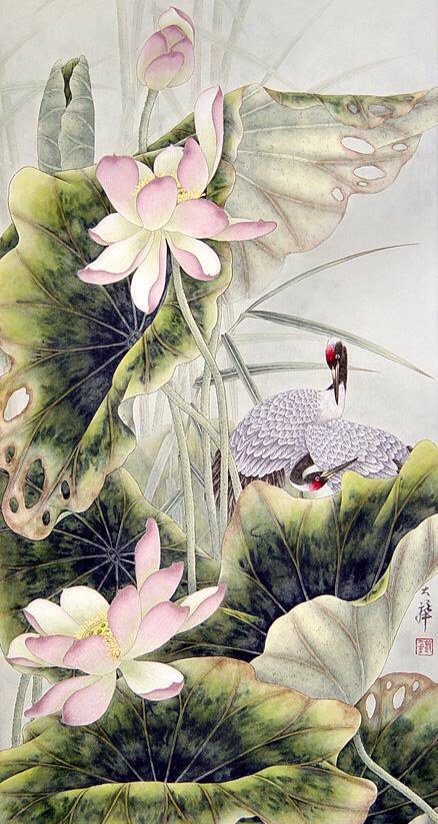 Китайская живопись - живопись, природа, птицы, цветы, лотосы, журавль - оригинал