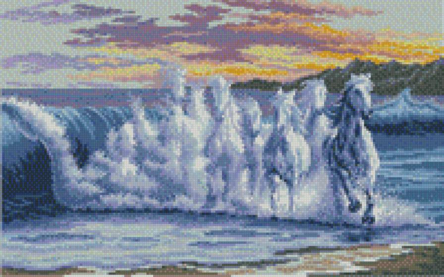 На волнах - лошади, река, кони, животные - предпросмотр