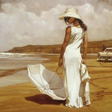 Оригинал схемы вышивки «Девушка с зонтиком на пляже» (№739388)