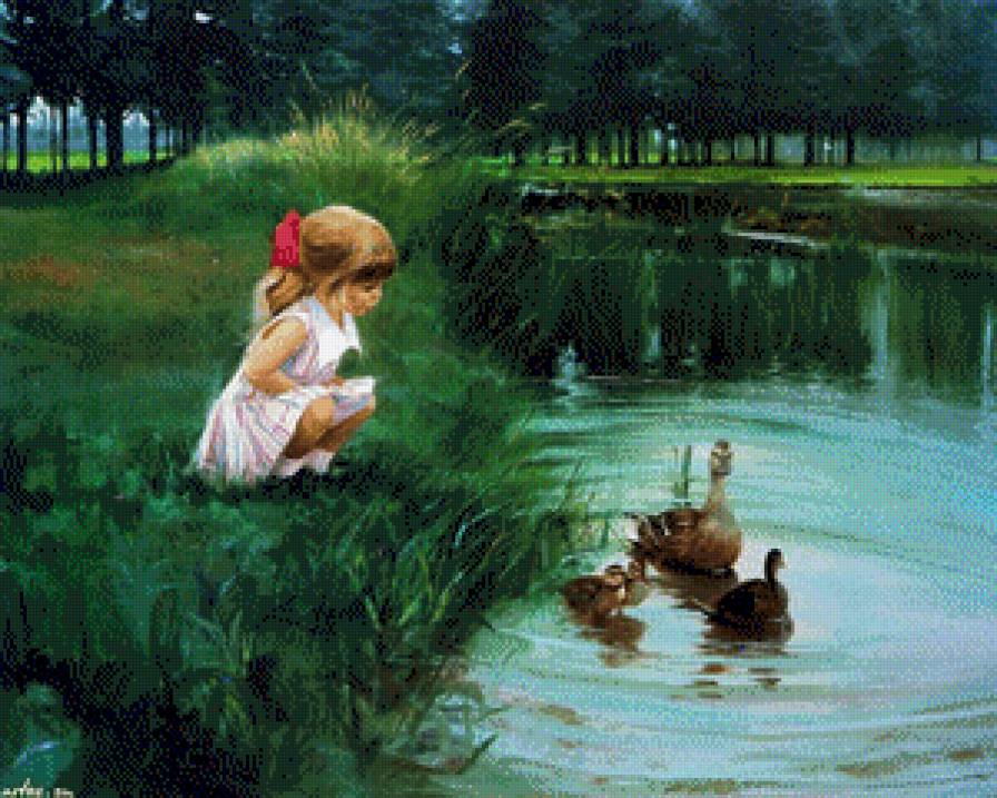 А на том берегу.. - пруд, девочка. утки - предпросмотр