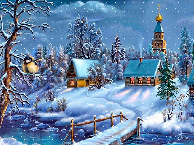 Зимний пейзаж - зима, лес, церков, дом, природа, пейзаж, река - оригинал