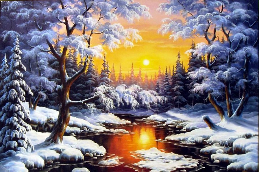 Зимний вечер - река, лес, закат, природа, зима, пейзаж - оригинал