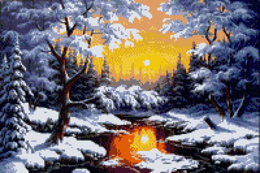 Зимний вечер - закат, пейзаж, лес, река, зима, природа - предпросмотр