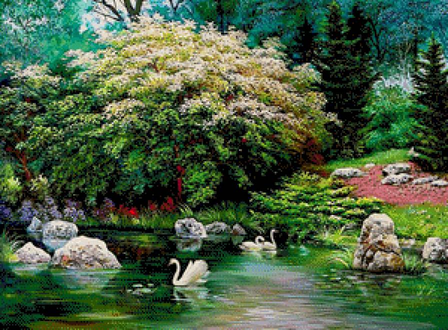 лебеди на лесном озере - пейзаж - предпросмотр
