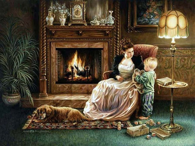 У камина - дома, люди - оригинал