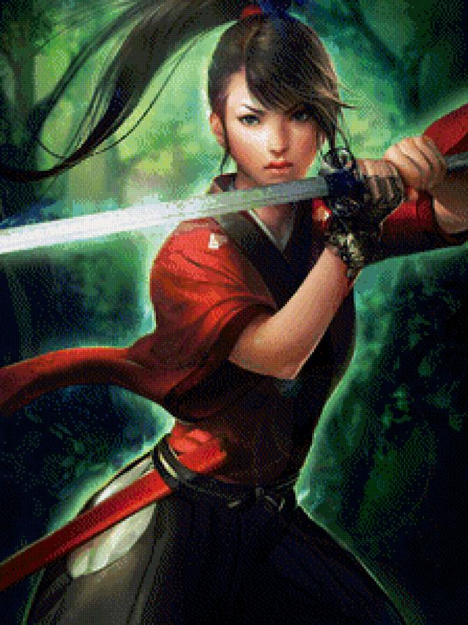 фэнтези - красное, девушка, фэнтези, меч, брюнетка, китаянка, арт - предпросмотр