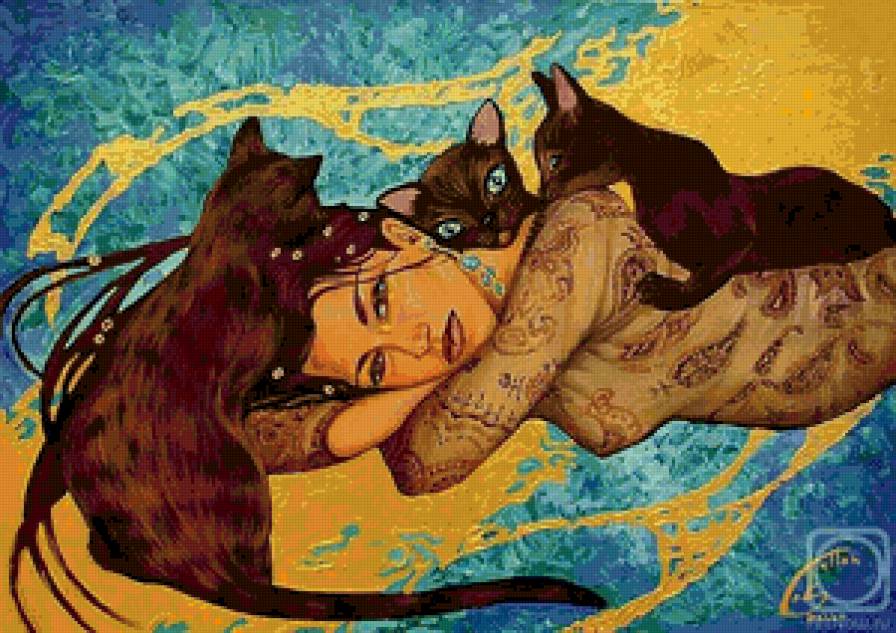 Девушка с кошками - портрет, девушка - предпросмотр