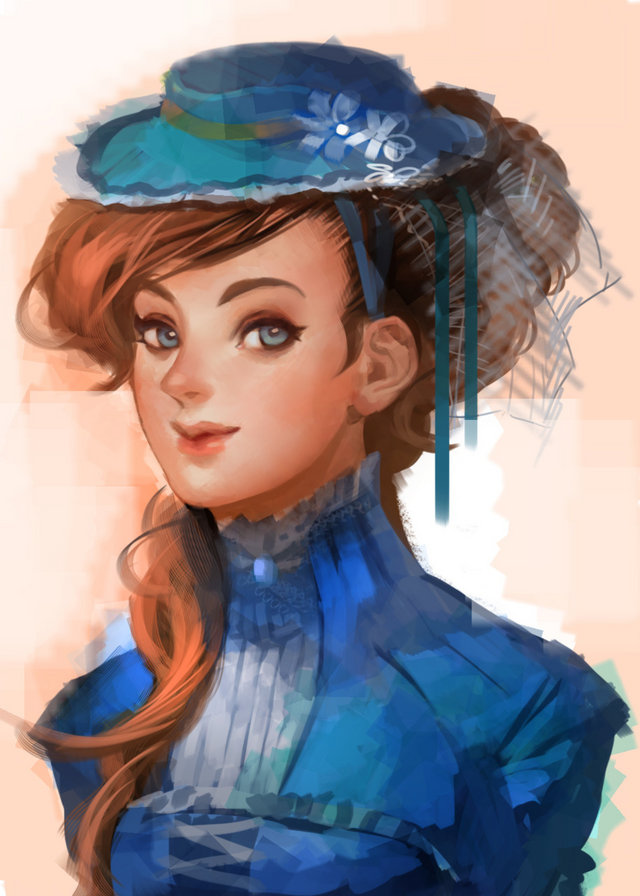 фэнтези - девушка, шляпка, фэнтези, в голубом, леди - оригинал