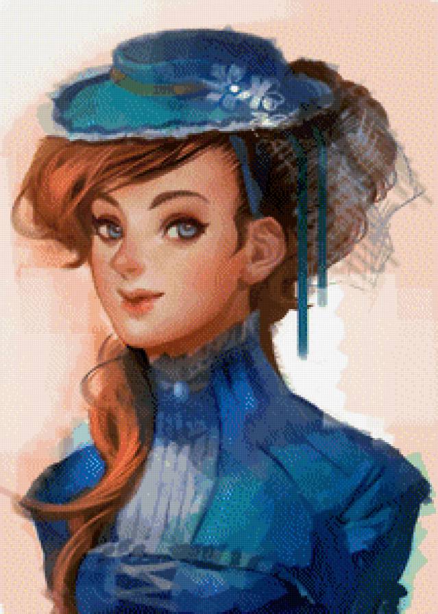 фэнтези - леди, в голубом, шляпка, девушка, фэнтези - предпросмотр