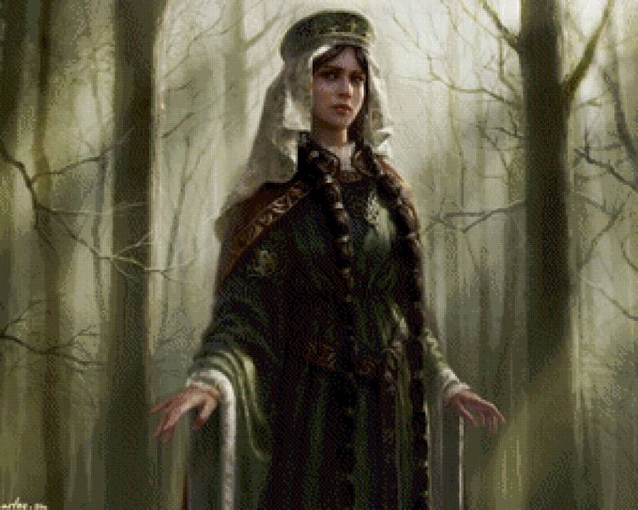 фэнтези - арт, благородная дама, фэнтези, средневековье, в зеленом, лес - предпросмотр