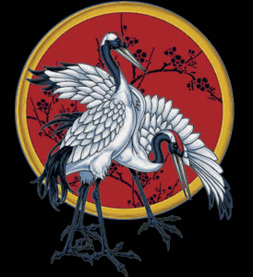 Японские журавлики - азия, япония, восток, птицы, журавли, сакура - предпросмотр