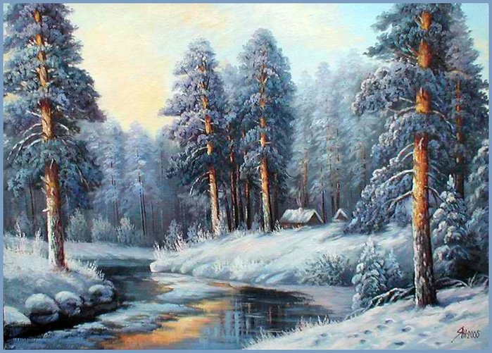 зима - природа, пейзаж, дом - оригинал