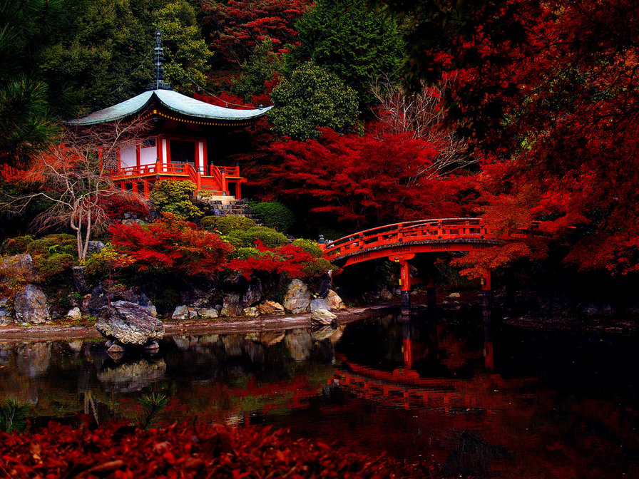Осень - пруд, красное, китай. пагода, мостик - оригинал