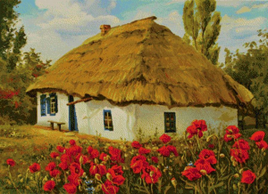 Дом в деревне - цветы, маки, дом, природа - предпросмотр