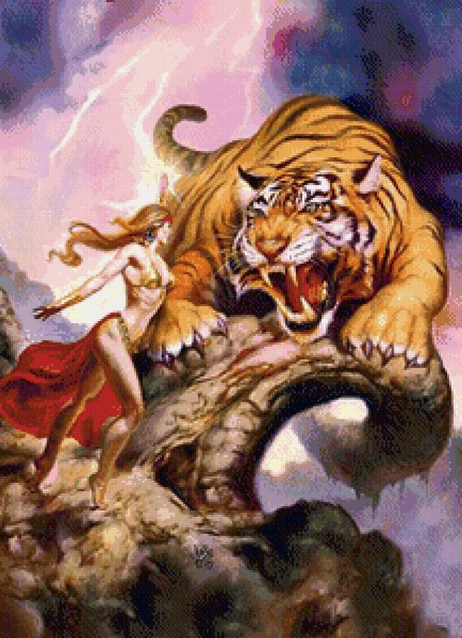 fantasy - девушка, дикие животные, тигр - предпросмотр